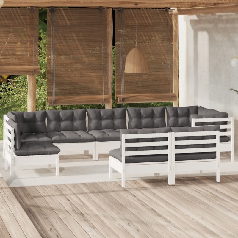 vidaXL Set Divani da Giardino 9 pz con Cuscini Bianchi Legno di Pino vidaXL Set Divani da Giardino 9 pz con Cuscini Bianchi Legno di Pino
