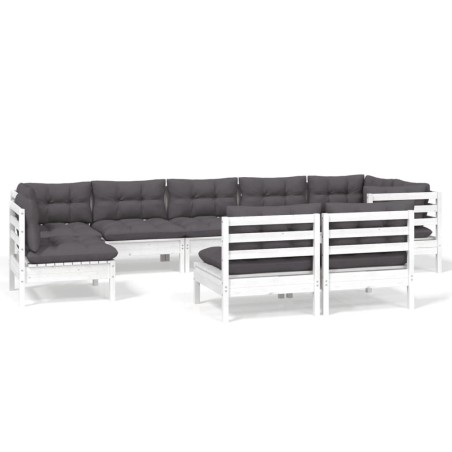 vidaXL Set Divani da Giardino 9 pz con Cuscini Bianchi Legno di Pino