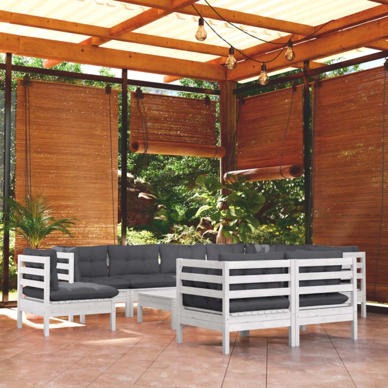 vidaXL Set Divani da Giardino 10 pz con Cuscini Bianchi Legno di Pino vidaXL Set Divani da Giardino 10 pz con Cuscini Bianchi Legno di Pino