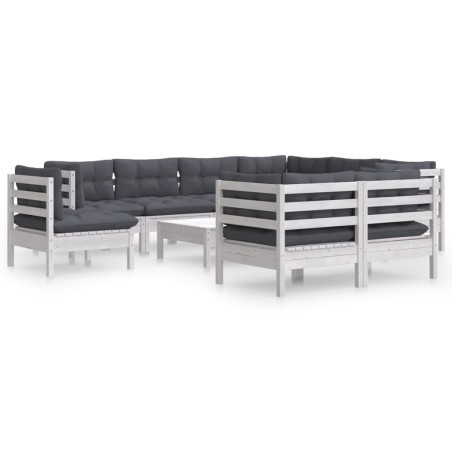 vidaXL Set Divani da Giardino 10 pz con Cuscini Bianchi Legno di Pino