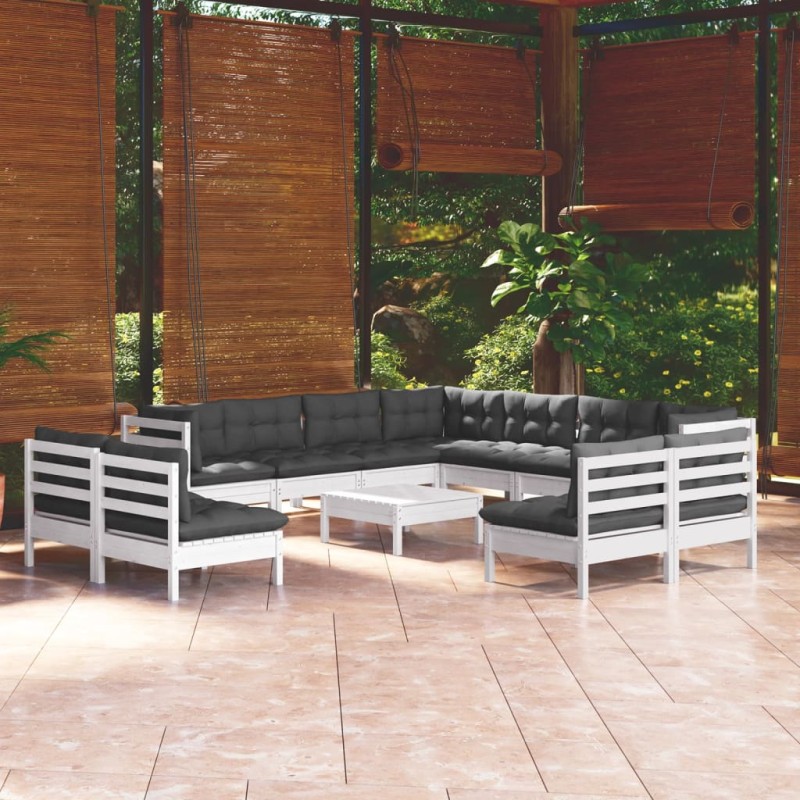 vidaXL Set Divani da Giardino 12 pz con Cuscini Bianchi Legno di Pino vidaXL Set Divani da Giardino 12 pz con Cuscini Bianchi Legno di Pino