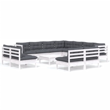 vidaXL Set Divani da Giardino 12 pz con Cuscini Bianchi Legno di Pino