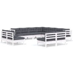 vidaXL Set Divani da Giardino 11 pz con Cuscini Bianchi Legno di Pino