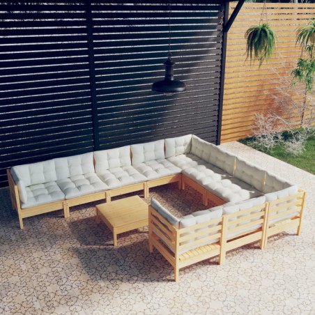 vidaXL Set Divani da Giardino 11 pz con Cuscini Crema Massello di Pino