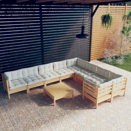 vidaXL Set Divani da Giardino 10 pz con Cuscini Crema Massello di Pino