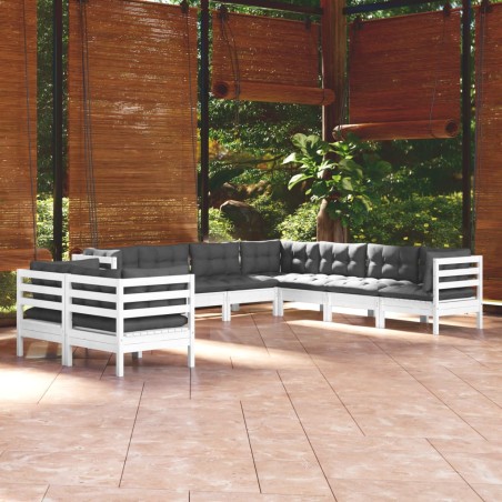 vidaXL Set Divani da Giardino 9 pz con Cuscini Bianchi Legno di Pino