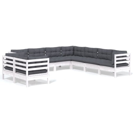 vidaXL Set Divani da Giardino 9 pz con Cuscini Bianchi Legno di Pino
