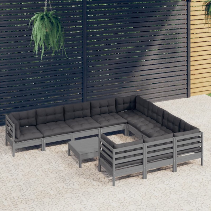 vidaXL Set Divani da Giardino 11 pz con Cuscini Grigi Massello di Pino vidaXL Set Divani da Giardino 11 pz con Cuscini Grigi Massello di Pino