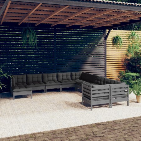 vidaXL Set Divani da Giardino 11pz con Cuscini Massello di Pino Grigio