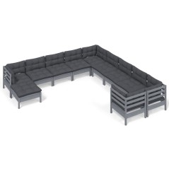 vidaXL Set Divani da Giardino 11pz con Cuscini Massello di Pino Grigio