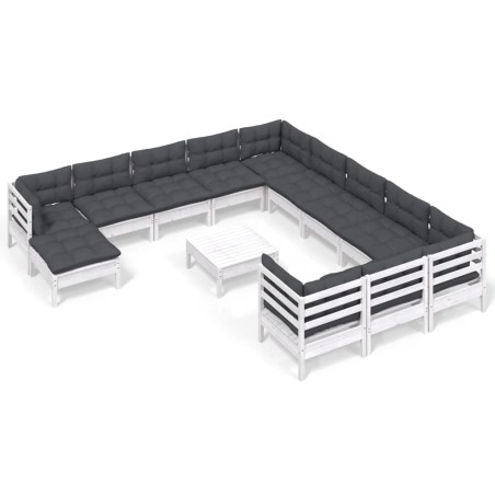 vidaXL Set Divani da Giardino 13 pz con Cuscini Bianchi Legno di Pino