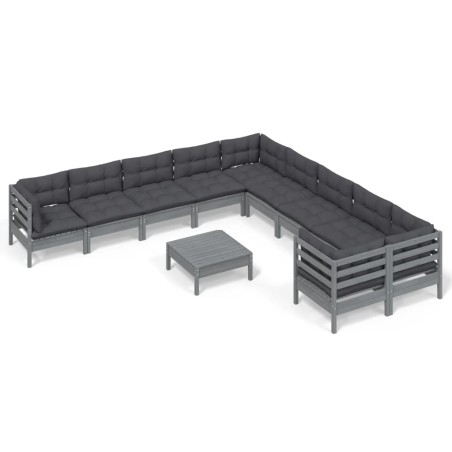 vidaXL Set Divani da Giardino 11 pz con Cuscini Grigi Massello di Pino