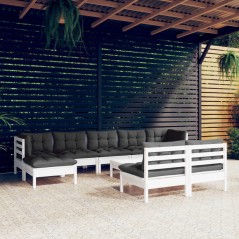 vidaXL Set Divani da Giardino 10 pz con Cuscini Bianchi Legno di Pino