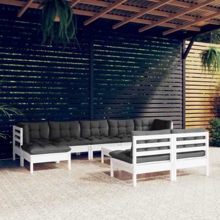 vidaXL Set Divani da Giardino 10 pz con Cuscini Bianchi Legno di Pino