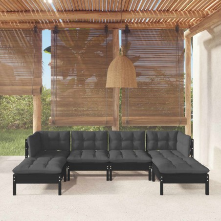 vidaXL Set Divani da Giardino 6 pz con Cuscini Neri in Legno di Pino