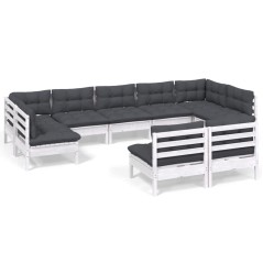 vidaXL Set Divani da Giardino 9 pz con Cuscini Bianchi Legno di Pino