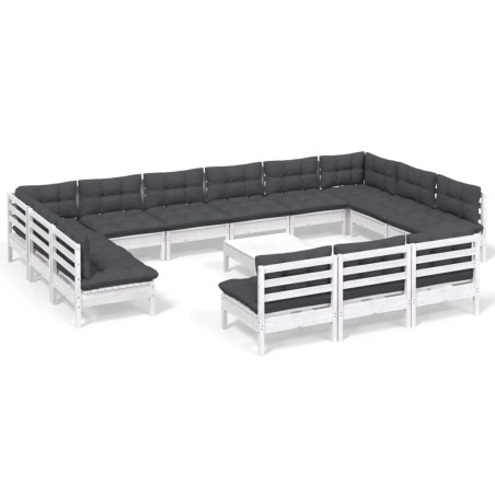 vidaXL Set Divani da Giardino 14 pz con Cuscini Bianchi Legno di Pino