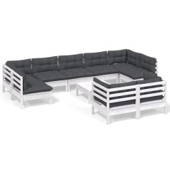 vidaXL Set Divani da Giardino 10 pz con Cuscini Bianchi Legno di Pino