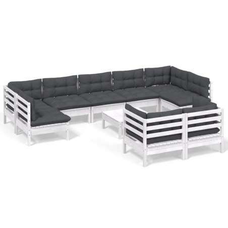 vidaXL Set Divani da Giardino 10 pz con Cuscini Bianchi Legno di Pino