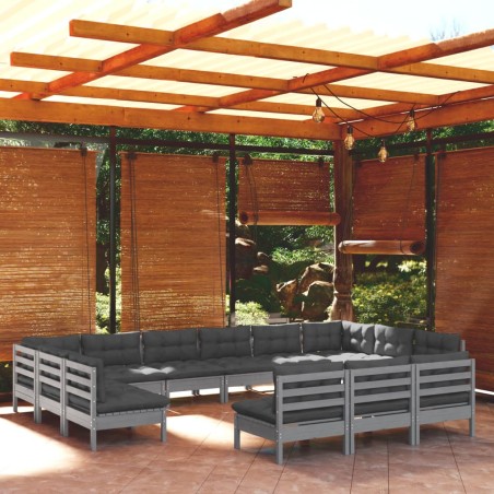 vidaXL Set Divani da Giardino 13 pz con Cuscini Grigi Massello di Pino