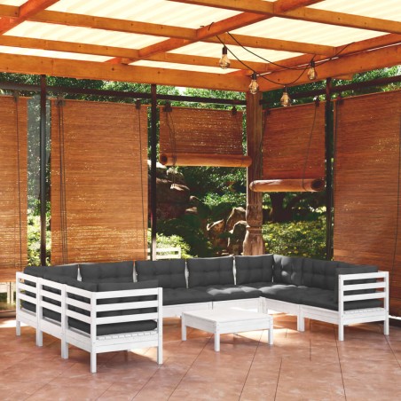 vidaXL Set Divani da Giardino 10 pz con Cuscini Bianchi Legno di Pino