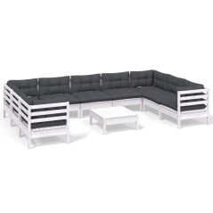 vidaXL Set Divani da Giardino 10 pz con Cuscini Bianchi Legno di Pino