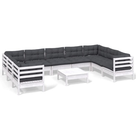 vidaXL Set Divani da Giardino 10 pz con Cuscini Bianchi Legno di Pino