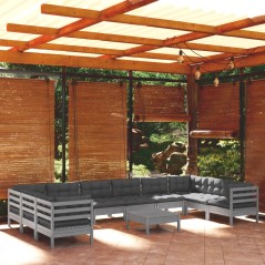 vidaXL Set Divani da Giardino 11 pz con Cuscini Grigi Massello di Pino