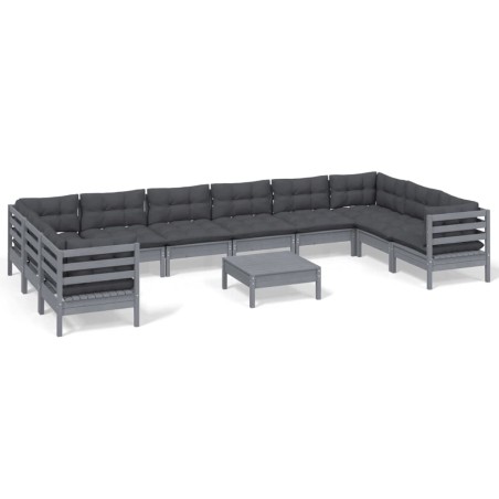 vidaXL Set Divani da Giardino 11 pz con Cuscini Grigi Massello di Pino