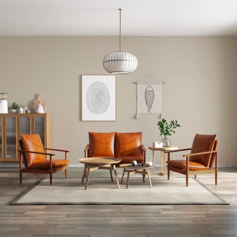 vidaXL Set Divani 3 pz in vera Pelle e Legno Massello Acacia Marrone vidaXL Set Divani 3 pz in vera Pelle e Legno Massello Acacia Marrone