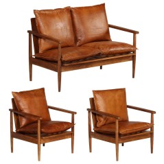 vidaXL Set Divani 3 pz in vera Pelle e Legno Massello Acacia Marrone