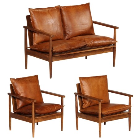 vidaXL Set Divani 3 pz in vera Pelle e Legno Massello Acacia Marrone