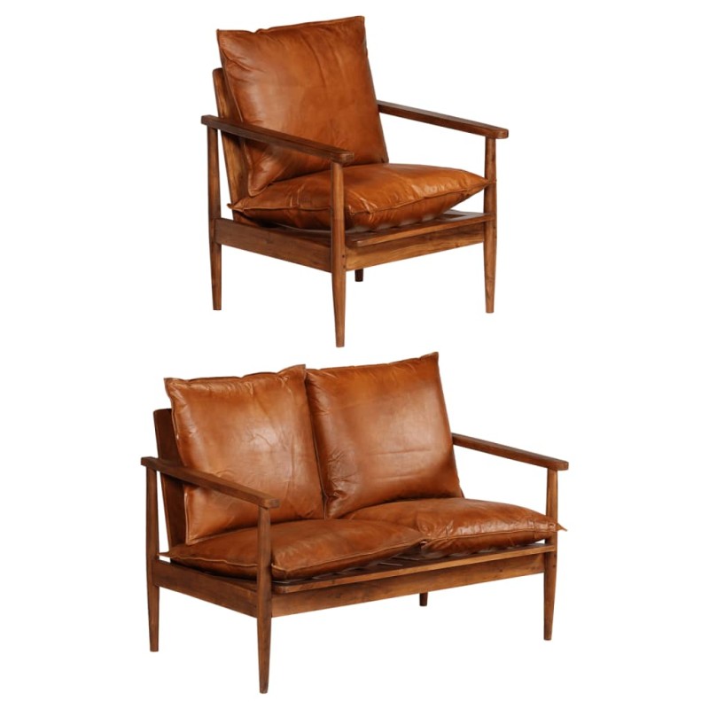 vidaXL Set Divani 2 pz in Vera Pelle e Legno Massello d'Acacia Marrone