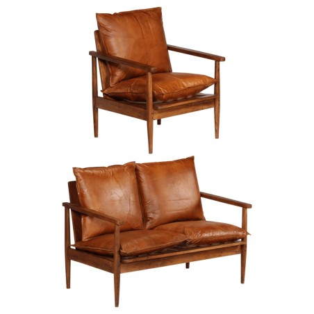 vidaXL Set Divani 2 pz in Vera Pelle e Legno Massello d'Acacia Marrone