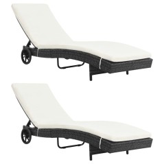 vidaXL Lettini Prendisole 2 pz con Ruote Cuscini in Polyrattan Nero