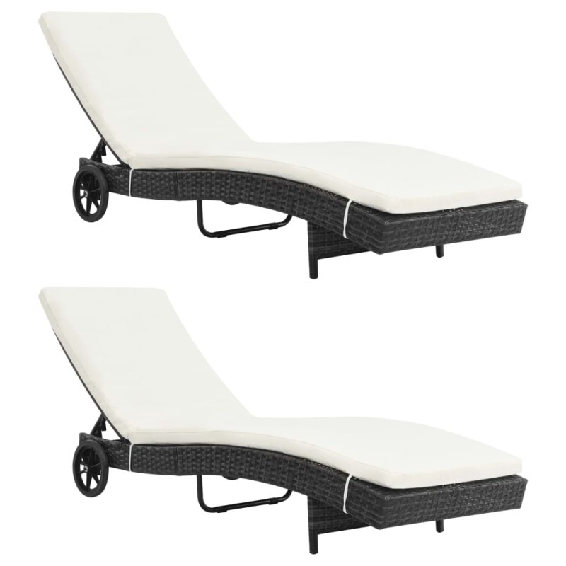 vidaXL Lettini Prendisole 2 pz con Ruote Cuscini in Polyrattan Nero vidaXL Lettini Prendisole 2 pz con Ruote Cuscini in Polyrattan Nero