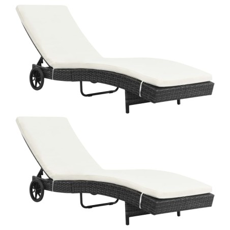 vidaXL Lettini Prendisole 2 pz con Ruote Cuscini in Polyrattan Nero