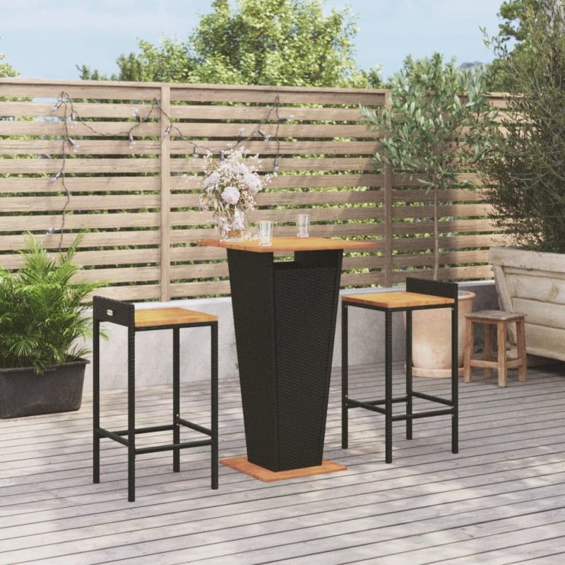 vidaXL Set Bar Giardino 3 pz Nero Polyrattan e Legno Massello Acacia vidaXL Set Bar Giardino 3 pz Nero Polyrattan e Legno Massello Acacia