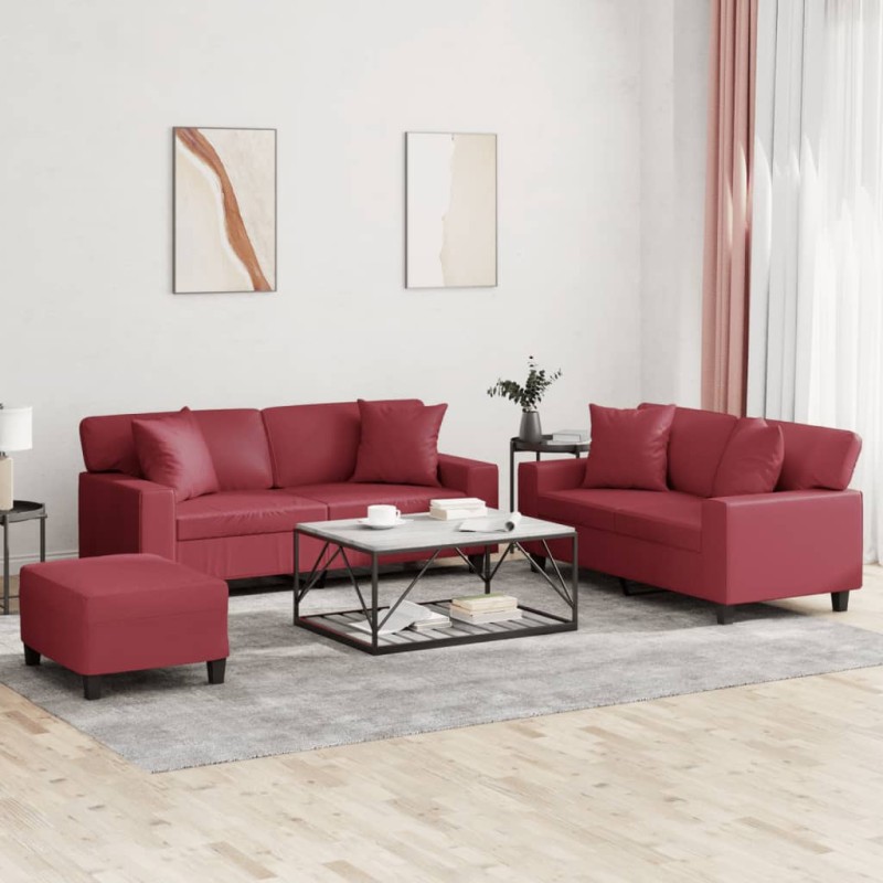 vidaXL Set di Divani 3 pz con Cuscini Rosso Vino in Similpelle vidaXL Set di Divani 3 pz con Cuscini Rosso Vino in Similpelle