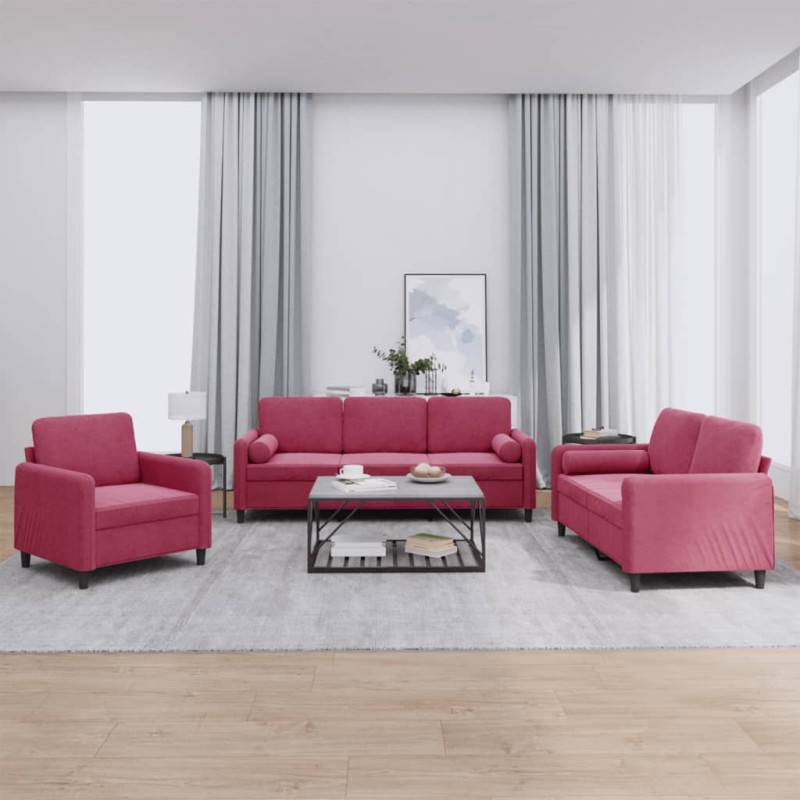 vidaXL Set di Divani 3 pz con Cuscini Rosso Vino in Velluto vidaXL Set di Divani 3 pz con Cuscini Rosso Vino in Velluto