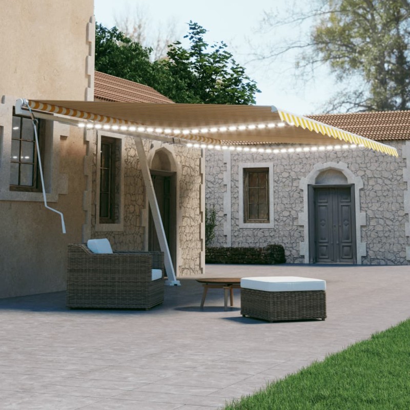 vidaXL Tenda da Sole Retrattile Manuale e LED 600x300cm Gialla Bianca vidaXL Tenda da Sole Retrattile Manuale e LED 600x300cm Gialla Bianca