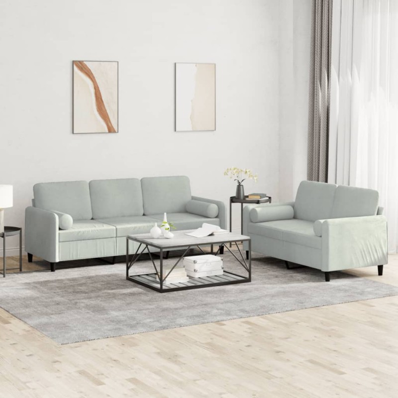 vidaXL Set di Divani 2 pz con Cuscini Grigio Chiaro in Velluto vidaXL Set di Divani 2 pz con Cuscini Grigio Chiaro in Velluto