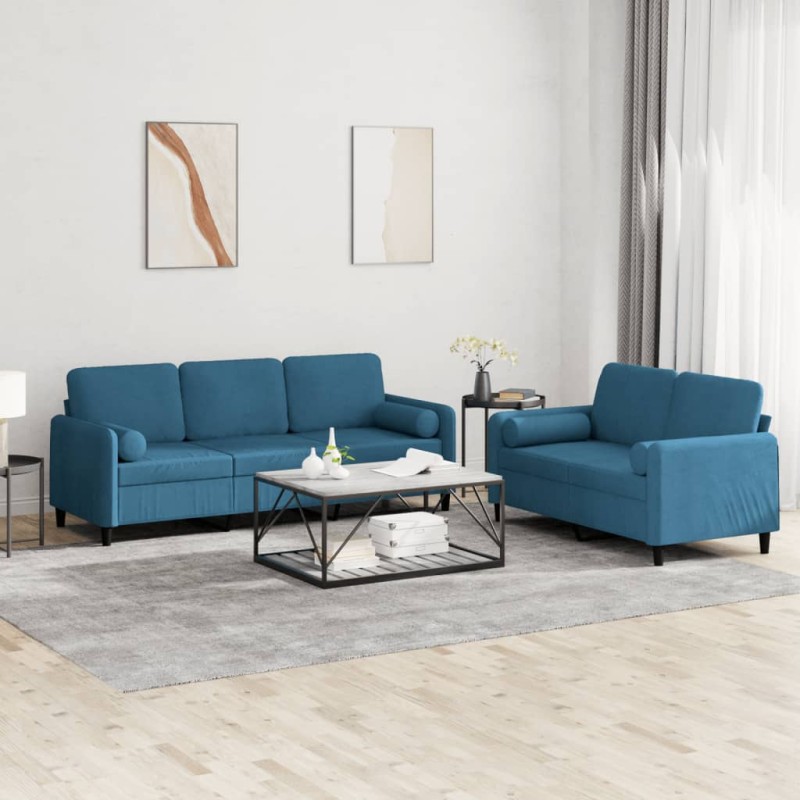 vidaXL Set di Divani 2 pz con Cuscini Blu in Velluto vidaXL Set di Divani 2 pz con Cuscini Blu in Velluto
