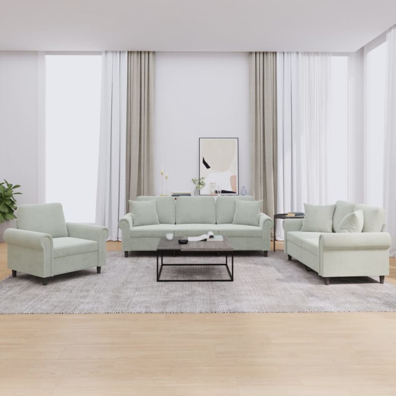 vidaXL Set di Divani 3 pz con Cuscini Grigio Chiaro in Velluto vidaXL Set di Divani 3 pz con Cuscini Grigio Chiaro in Velluto