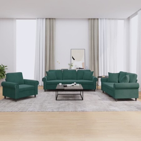 vidaXL Set di Divani 3 pz con Cuscini Verde Scuro in Velluto