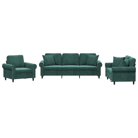 vidaXL Set di Divani 3 pz con Cuscini Verde Scuro in Velluto