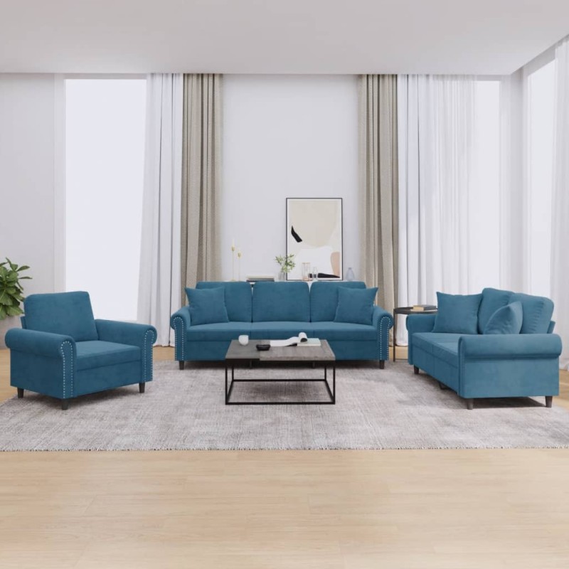 vidaXL Set di Divani 3 pz con Cuscini Blu in Velluto vidaXL Set di Divani 3 pz con Cuscini Blu in Velluto