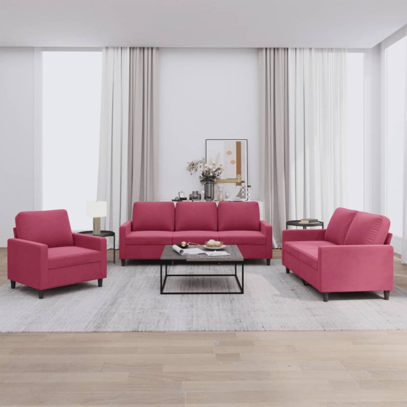 vidaXL Set di Divani 3 pz con Cuscini Rosso Vino in Velluto vidaXL Set di Divani 3 pz con Cuscini Rosso Vino in Velluto