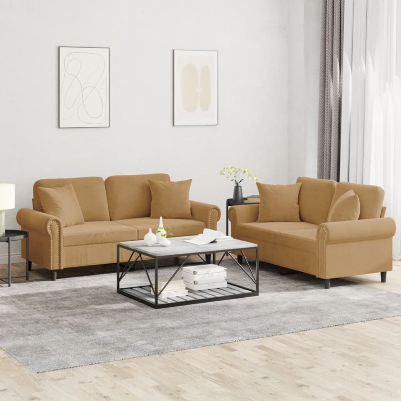 vidaXL Set di Divani 2 pz con Cuscini Marrone in Velluto vidaXL Set di Divani 2 pz con Cuscini Marrone in Velluto