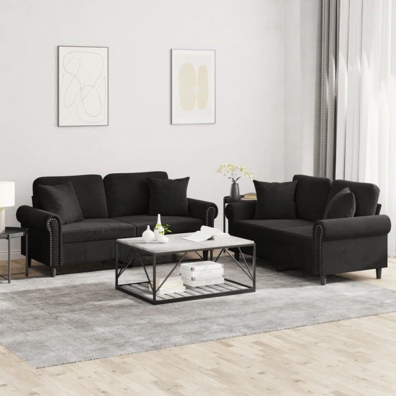 vidaXL Set di Divani 2 pz con Cuscini Nero in Velluto vidaXL Set di Divani 2 pz con Cuscini Nero in Velluto